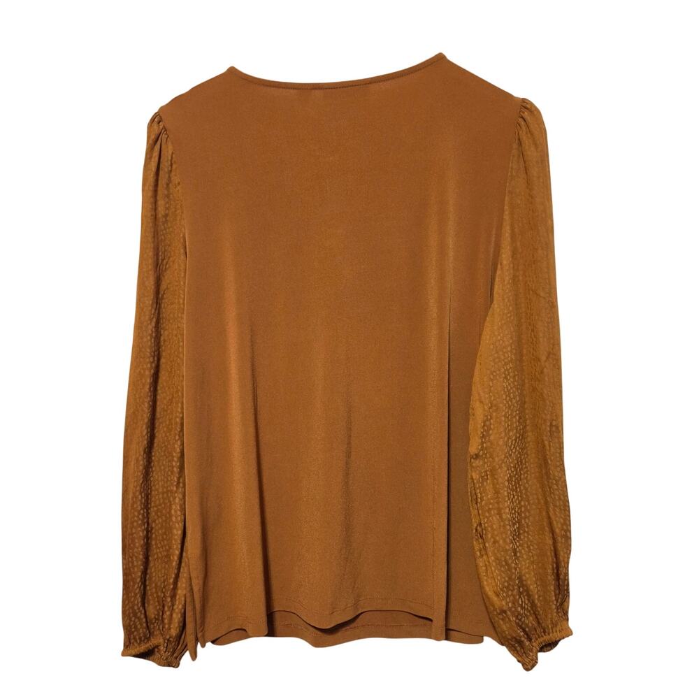 Susan Graver Liquid Knit Blouse Women's Size L Brown Spreckled Sleeves Romantic - Picture 4 of 8